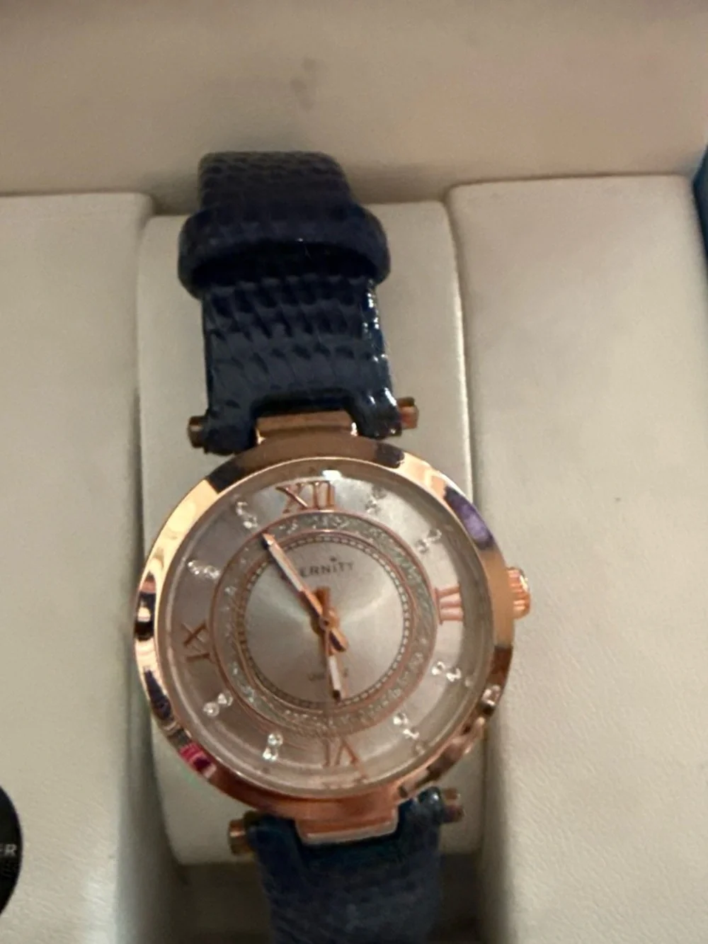 Rose Gold Case Navy Leather Strap Watch with Crystal Accents